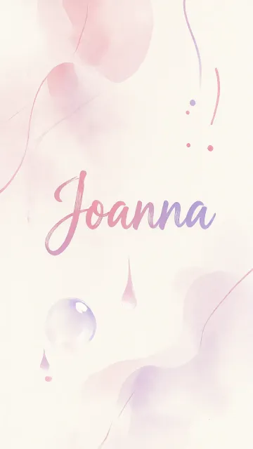 Joanna diseño 7 - Diseño abstracto en acuarela sobre fondo crema, con manchas fluidas y etéreas en rosa pastel y lila, líneas curvas que aportan movimiento, pequeñas gotas salpicadas cayendo verticalmente y una burbuja translúcida en la parte superior izquierda. El nombre resalta al centro con una tipografía cursiva amplia y elegante en degradado rosa a morado.