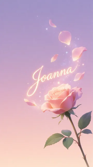 Joanna diseño 8 - Fondo de Pantalla con degradado suave que transiciona de lila en la parte superior a melocotón y rosa pastel en la base, destacando una rosa rosada hiperrealista con tallo y hojas verdes. El nombre brilla en tipografía cursiva con efecto neón cálido, adornado con pétalos cayendo y chispas de luz mágica.