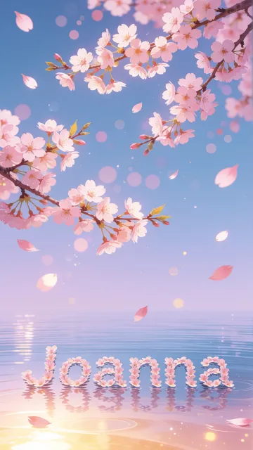 Joanna diseño 9 - Composición serena y onírica con ramas de cerezo en flor (sakura) en la parte superior contra un cielo en degradado de azul suave y lila. Pétalos de color rosa pastel flotan delicadamente en el aire cayendo hacia una superficie de agua tranquila y cristalina. En el centro inferior, el nombre está formado por pétalos de flores con un sutil efecto de relieve 3D y tipografía floral, reflejándose sobre el agua que está iluminada por un cálido destello dorado de luz solar en la esquina inferior derecha.