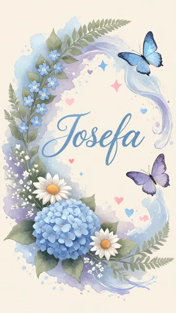 Josefa diseño 1 - Hortensias azules, flores pequeñas y acuarela suave con mariposas azules y brillo etéreo