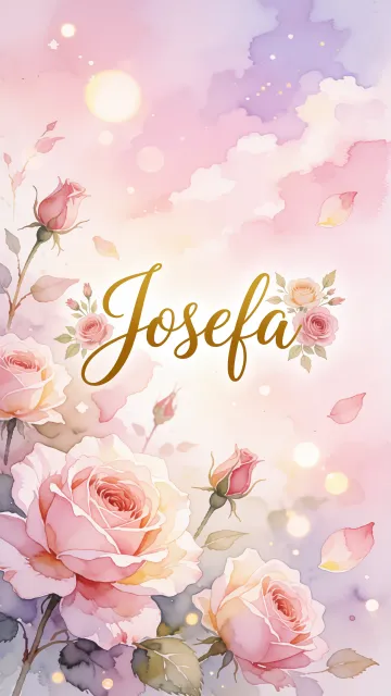 Josefa diseño 10 - Diseño estilo acuarela con un fondo etéreo y texturizado en nubes de tonos rosa pastel y lila suave. Presenta composiciones de rosas abiertas y capullos en los bordes inferior y superior, con pétalos cayendo delicadamente. Incorpora destellos de luz cálida (efecto bokeh) y, en el centro, resalta una tipografía elegante, cursiva y fluida en color dorado.