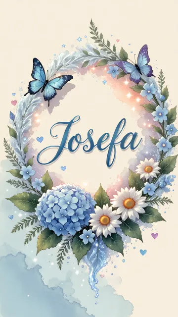 Josefa diseño 4 - Composición magica con nombre en letra cursiva azul, rodeado de hortensias azules, margaritas blancas y delicadas flores silvestres, enmarcado por suaves remolinos de agua, mariposas azules y destellos estelares sobre un fondo etéreo y romántico.