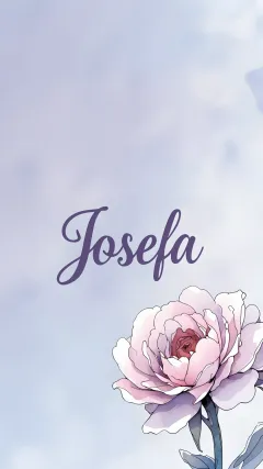 Josefa - Nombre en elegante tipografía cursiva caligráfica en tono lavanda, sobre fondo acuarela de cielo nublado en tonos pastel (azul, blanco, lavanda), decorado con rosa en acuarela de pétalos rosa pálido, blanco crema y lilas suaves con hojas en gris-verde.