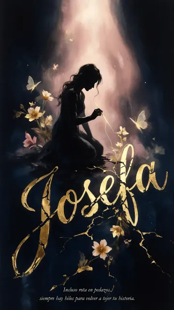 Josefa diseño 6 - Composición de ilustración semirrealista cinematográfica con silueta femenina tejiendo un hilo dorado de luz sobre un suelo oscuro fracturado al estilo Kintsugi, donde el nombre resalta en un prominente guión caligráfico dorado que emerge de las grietas, rodeado de flores blancas, mariposas y un fondo degradado de azules profundos iluminado por una luz celestial en tonos melocotón y crema, con una frase de aliento en tipografía blanca en la parte inferior.