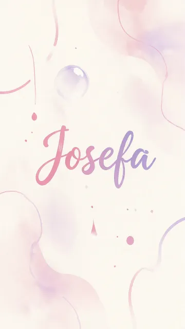 Josefa diseño 7 - Diseño abstracto en acuarela sobre fondo crema, con manchas fluidas y etéreas en rosa pastel y lila, líneas curvas que aportan movimiento, pequeñas gotas salpicadas cayendo verticalmente y una burbuja translúcida en la parte superior izquierda. El nombre resalta al centro con una tipografía cursiva amplia y elegante en degradado rosa a morado.