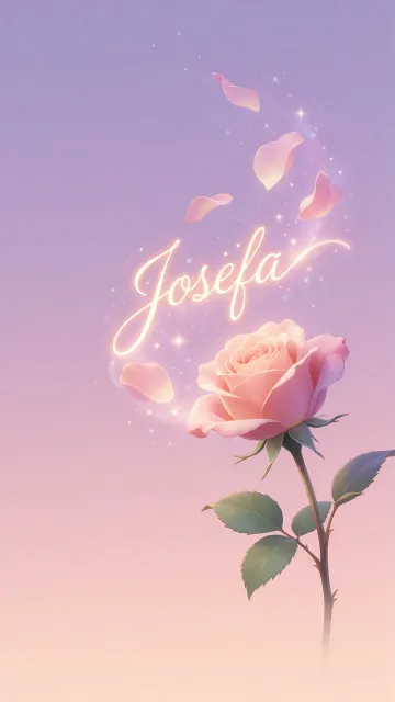 Josefa diseño 8 - Fondo de Pantalla con degradado suave que transiciona de lila en la parte superior a melocotón y rosa pastel en la base, destacando una rosa rosada hiperrealista con tallo y hojas verdes. El nombre brilla en tipografía cursiva con efecto neón cálido, adornado con pétalos cayendo y chispas de luz mágica.