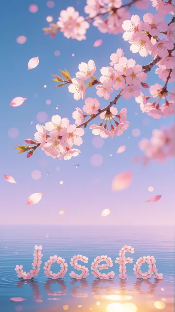 Josefa diseño 9 - Composición serena y onírica con ramas de cerezo en flor (sakura) en la parte superior contra un cielo en degradado de azul suave y lila. Pétalos de color rosa pastel flotan delicadamente en el aire cayendo hacia una superficie de agua tranquila y cristalina. En el centro inferior, el nombre está formado por pétalos de flores con un sutil efecto de relieve 3D y tipografía floral, reflejándose sobre el agua que está iluminada por un cálido destello dorado de luz solar en la esquina inferior derecha.