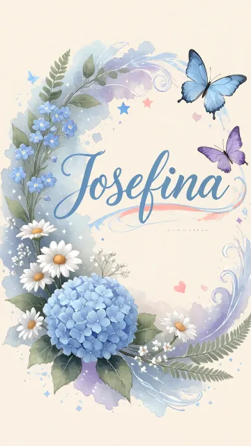 Josefina diseño 1 - Hortensias azules, flores pequeñas y acuarela suave con mariposas azules y brillo etéreo