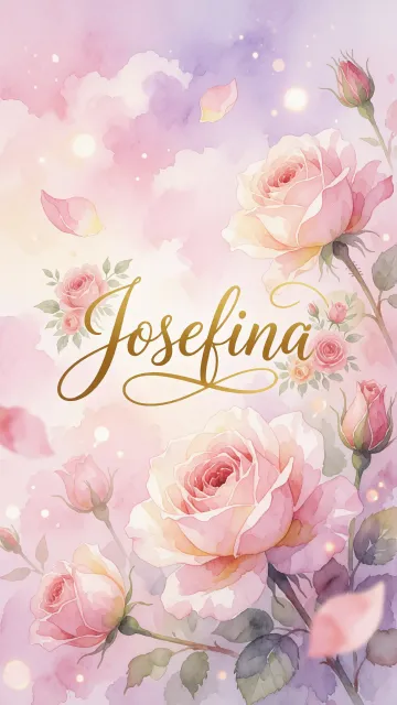 Josefina diseño 10 - Diseño estilo acuarela con un fondo etéreo y texturizado en nubes de tonos rosa pastel y lila suave. Presenta composiciones de rosas abiertas y capullos en los bordes inferior y superior, con pétalos cayendo delicadamente. Incorpora destellos de luz cálida (efecto bokeh) y, en el centro, resalta una tipografía elegante, cursiva y fluida en color dorado.