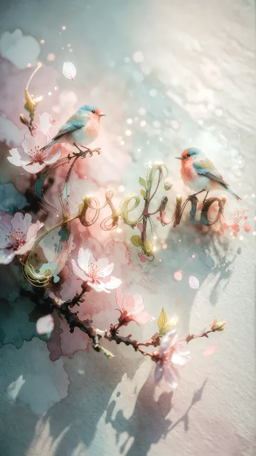Josefina diseño 11 - Un delicado diseño de estilo acuarela digital que combina una tipografía de caligrafía personalizada para el nombre en tonos dorados y rosados suaves, adornada con pequeñas hojas y brotes. Un pajarito azul y naranja vibrante está posado en una de las letras. Todo está rodeado por un marco circular de ramas de cerezo en flor con delicadas flores rosadas y blancas. El fondo es un lavado de acuarela difuminado en tonos pastel suaves de azul cerceta, rosa rubor y melocotón sobre una textura de papel rugoso, con destellos luminosos y motas de luz bokeh flotando alrededor, creando una atmósfera mágica y soñadora. Las sombras suaves proyectadas añaden profundidad.