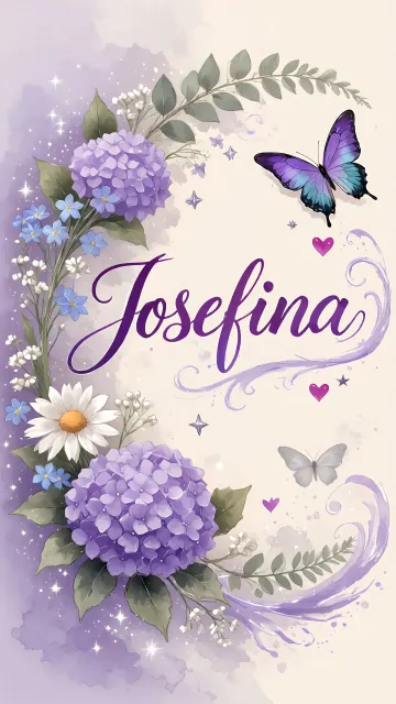 Josefina diseño 2 - Diseño elegante de hortensias en tonos lila y morados suaves, con volutas estilizadas y una mariposa mística que aporta un toque etéreo y mágico.