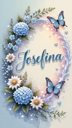 Josefina - Composición magica con nombre en letra cursiva azul, rodeado de hortensias azules, margaritas blancas y delicadas flores silvestres, enmarcado por suaves remolinos de agua, mariposas azules y destellos estelares sobre un fondo etéreo y romántico.