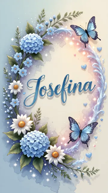 Josefina diseño 4 - Composición magica con nombre en letra cursiva azul, rodeado de hortensias azules, margaritas blancas y delicadas flores silvestres, enmarcado por suaves remolinos de agua, mariposas azules y destellos estelares sobre un fondo etéreo y romántico.