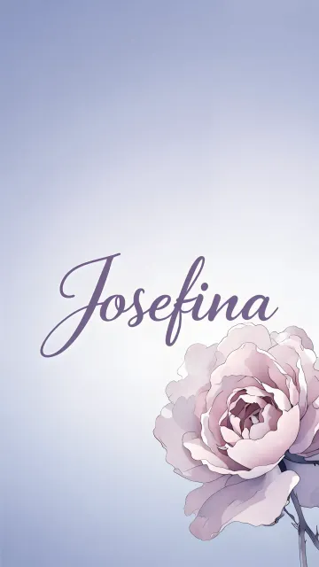 Josefina diseño 5 - Nombre en elegante tipografía cursiva caligráfica en tono lavanda, sobre fondo acuarela de cielo nublado en tonos pastel (azul, blanco, lavanda), decorado con rosa en acuarela de pétalos rosa pálido, blanco crema y lilas suaves con hojas en gris-verde.