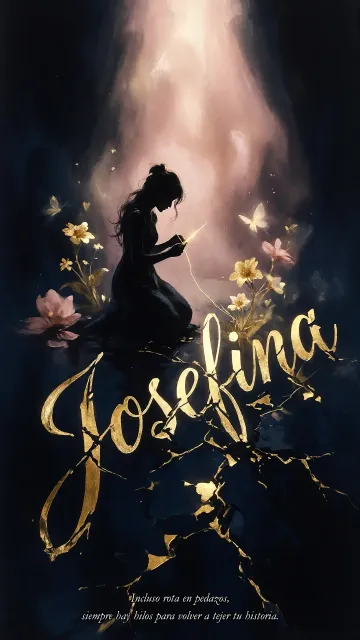 Josefina diseño 6 - Composición de ilustración semirrealista cinematográfica con silueta femenina tejiendo un hilo dorado de luz sobre un suelo oscuro fracturado al estilo Kintsugi, donde el nombre resalta en un prominente guión caligráfico dorado que emerge de las grietas, rodeado de flores blancas, mariposas y un fondo degradado de azules profundos iluminado por una luz celestial en tonos melocotón y crema, con una frase de aliento en tipografía blanca en la parte inferior.