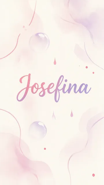 Josefina diseño 7 - Diseño abstracto en acuarela sobre fondo crema, con manchas fluidas y etéreas en rosa pastel y lila, líneas curvas que aportan movimiento, pequeñas gotas salpicadas cayendo verticalmente y una burbuja translúcida en la parte superior izquierda. El nombre resalta al centro con una tipografía cursiva amplia y elegante en degradado rosa a morado.