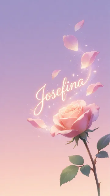 Josefina diseño 8 - Fondo de Pantalla con degradado suave que transiciona de lila en la parte superior a melocotón y rosa pastel en la base, destacando una rosa rosada hiperrealista con tallo y hojas verdes. El nombre brilla en tipografía cursiva con efecto neón cálido, adornado con pétalos cayendo y chispas de luz mágica.