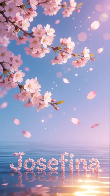 Josefina diseño 9 - Composición serena y onírica con ramas de cerezo en flor (sakura) en la parte superior contra un cielo en degradado de azul suave y lila. Pétalos de color rosa pastel flotan delicadamente en el aire cayendo hacia una superficie de agua tranquila y cristalina. En el centro inferior, el nombre está formado por pétalos de flores con un sutil efecto de relieve 3D y tipografía floral, reflejándose sobre el agua que está iluminada por un cálido destello dorado de luz solar en la esquina inferior derecha.