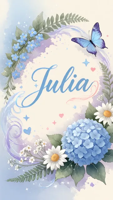 Julia diseño 1 - Hortensias azules, flores pequeñas y acuarela suave con mariposas azules y brillo etéreo