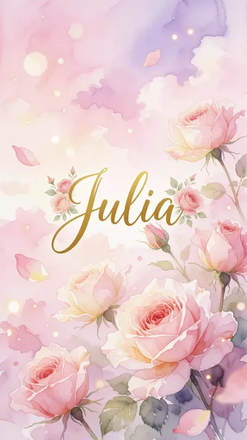 Julia diseño 10 - Diseño estilo acuarela con un fondo etéreo y texturizado en nubes de tonos rosa pastel y lila suave. Presenta composiciones de rosas abiertas y capullos en los bordes inferior y superior, con pétalos cayendo delicadamente. Incorpora destellos de luz cálida (efecto bokeh) y, en el centro, resalta una tipografía elegante, cursiva y fluida en color dorado.