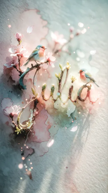 Julia diseño 11 - Un delicado diseño de estilo acuarela digital que combina una tipografía de caligrafía personalizada para el nombre en tonos dorados y rosados suaves, adornada con pequeñas hojas y brotes. Un pajarito azul y naranja vibrante está posado en una de las letras. Todo está rodeado por un marco circular de ramas de cerezo en flor con delicadas flores rosadas y blancas. El fondo es un lavado de acuarela difuminado en tonos pastel suaves de azul cerceta, rosa rubor y melocotón sobre una textura de papel rugoso, con destellos luminosos y motas de luz bokeh flotando alrededor, creando una atmósfera mágica y soñadora. Las sombras suaves proyectadas añaden profundidad.