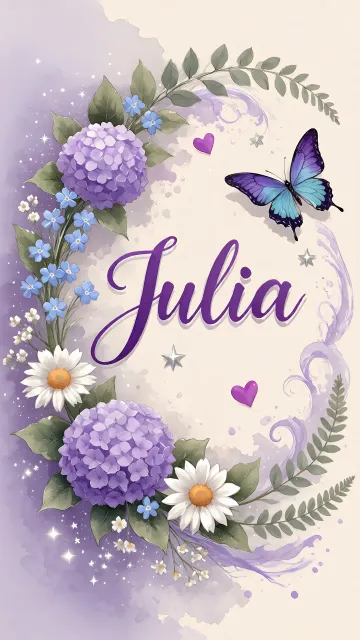 Julia diseño 2 - Diseño elegante de hortensias en tonos lila y morados suaves, con volutas estilizadas y una mariposa mística que aporta un toque etéreo y mágico.
