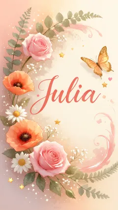 Julia - Elegante composición de rosas rosadas y amapolas naranjas con mariposas doradas brillantes sobre un fondo cálido, romántico y mágico.