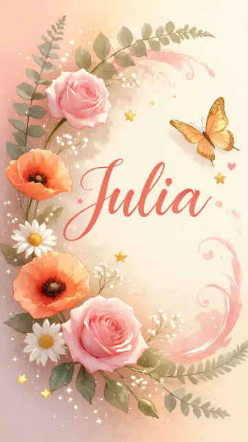 Julia diseño 3 - Elegante composición de rosas rosadas y amapolas naranjas con mariposas doradas brillantes sobre un fondo cálido, romántico y mágico.