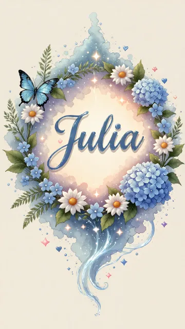 Julia diseño 4 - Composición magica con nombre en letra cursiva azul, rodeado de hortensias azules, margaritas blancas y delicadas flores silvestres, enmarcado por suaves remolinos de agua, mariposas azules y destellos estelares sobre un fondo etéreo y romántico.