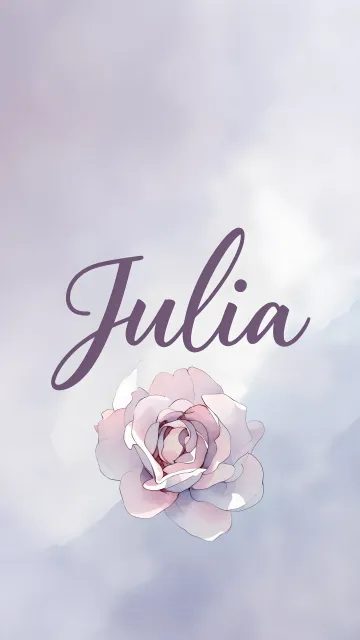 Julia diseño 5 - Nombre en elegante tipografía cursiva caligráfica en tono lavanda, sobre fondo acuarela de cielo nublado en tonos pastel (azul, blanco, lavanda), decorado con rosa en acuarela de pétalos rosa pálido, blanco crema y lilas suaves con hojas en gris-verde.