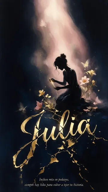 Julia diseño 6 - Composición de ilustración semirrealista cinematográfica con silueta femenina tejiendo un hilo dorado de luz sobre un suelo oscuro fracturado al estilo Kintsugi, donde el nombre resalta en un prominente guión caligráfico dorado que emerge de las grietas, rodeado de flores blancas, mariposas y un fondo degradado de azules profundos iluminado por una luz celestial en tonos melocotón y crema, con una frase de aliento en tipografía blanca en la parte inferior.