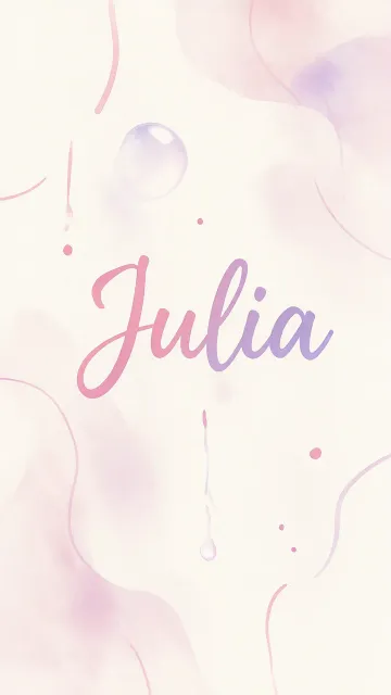 Julia diseño 7 - Diseño abstracto en acuarela sobre fondo crema, con manchas fluidas y etéreas en rosa pastel y lila, líneas curvas que aportan movimiento, pequeñas gotas salpicadas cayendo verticalmente y una burbuja translúcida en la parte superior izquierda. El nombre resalta al centro con una tipografía cursiva amplia y elegante en degradado rosa a morado.