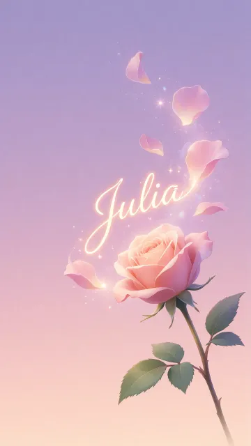 Julia diseño 8 - Fondo de Pantalla con degradado suave que transiciona de lila en la parte superior a melocotón y rosa pastel en la base, destacando una rosa rosada hiperrealista con tallo y hojas verdes. El nombre brilla en tipografía cursiva con efecto neón cálido, adornado con pétalos cayendo y chispas de luz mágica.