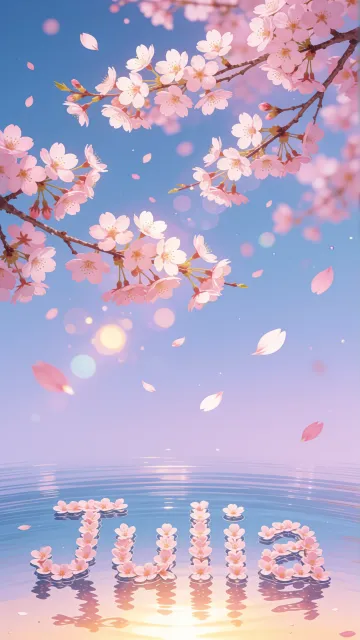 Julia diseño 9 - Composición serena y onírica con ramas de cerezo en flor (sakura) en la parte superior contra un cielo en degradado de azul suave y lila. Pétalos de color rosa pastel flotan delicadamente en el aire cayendo hacia una superficie de agua tranquila y cristalina. En el centro inferior, el nombre está formado por pétalos de flores con un sutil efecto de relieve 3D y tipografía floral, reflejándose sobre el agua que está iluminada por un cálido destello dorado de luz solar en la esquina inferior derecha.