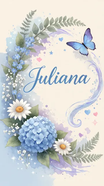 Juliana diseño 1 - Hortensias azules, flores pequeñas y acuarela suave con mariposas azules y brillo etéreo