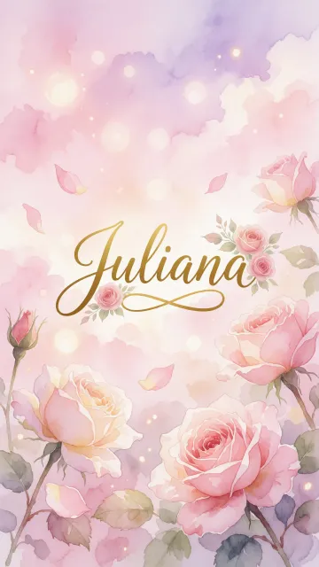 Juliana diseño 10 - Diseño estilo acuarela con un fondo etéreo y texturizado en nubes de tonos rosa pastel y lila suave. Presenta composiciones de rosas abiertas y capullos en los bordes inferior y superior, con pétalos cayendo delicadamente. Incorpora destellos de luz cálida (efecto bokeh) y, en el centro, resalta una tipografía elegante, cursiva y fluida en color dorado.