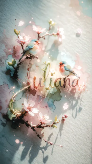 Juliana diseño 11 - Un delicado diseño de estilo acuarela digital que combina una tipografía de caligrafía personalizada para el nombre en tonos dorados y rosados suaves, adornada con pequeñas hojas y brotes. Un pajarito azul y naranja vibrante está posado en una de las letras. Todo está rodeado por un marco circular de ramas de cerezo en flor con delicadas flores rosadas y blancas. El fondo es un lavado de acuarela difuminado en tonos pastel suaves de azul cerceta, rosa rubor y melocotón sobre una textura de papel rugoso, con destellos luminosos y motas de luz bokeh flotando alrededor, creando una atmósfera mágica y soñadora. Las sombras suaves proyectadas añaden profundidad.