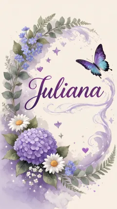 Juliana - Diseño elegante de hortensias en tonos lila y morados suaves, con volutas estilizadas y una mariposa mística que aporta un toque etéreo y mágico.