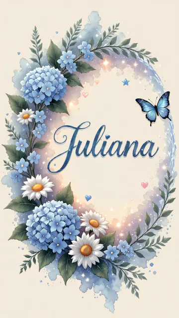 Juliana diseño 4 - Composición magica con nombre en letra cursiva azul, rodeado de hortensias azules, margaritas blancas y delicadas flores silvestres, enmarcado por suaves remolinos de agua, mariposas azules y destellos estelares sobre un fondo etéreo y romántico.