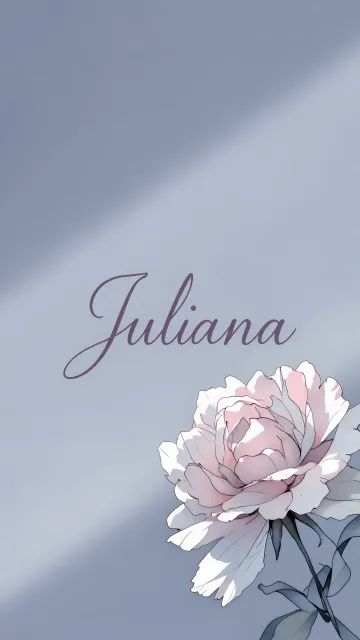 Juliana diseño 5 - Nombre en elegante tipografía cursiva caligráfica en tono lavanda, sobre fondo acuarela de cielo nublado en tonos pastel (azul, blanco, lavanda), decorado con rosa en acuarela de pétalos rosa pálido, blanco crema y lilas suaves con hojas en gris-verde.