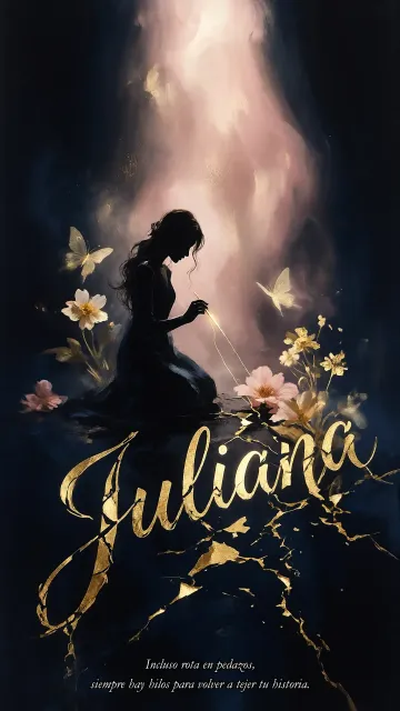 Juliana diseño 6 - Composición de ilustración semirrealista cinematográfica con silueta femenina tejiendo un hilo dorado de luz sobre un suelo oscuro fracturado al estilo Kintsugi, donde el nombre resalta en un prominente guión caligráfico dorado que emerge de las grietas, rodeado de flores blancas, mariposas y un fondo degradado de azules profundos iluminado por una luz celestial en tonos melocotón y crema, con una frase de aliento en tipografía blanca en la parte inferior.