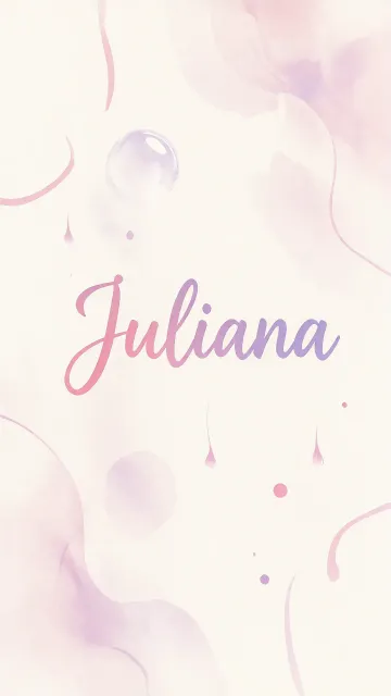 Juliana diseño 7 - Diseño abstracto en acuarela sobre fondo crema, con manchas fluidas y etéreas en rosa pastel y lila, líneas curvas que aportan movimiento, pequeñas gotas salpicadas cayendo verticalmente y una burbuja translúcida en la parte superior izquierda. El nombre resalta al centro con una tipografía cursiva amplia y elegante en degradado rosa a morado.