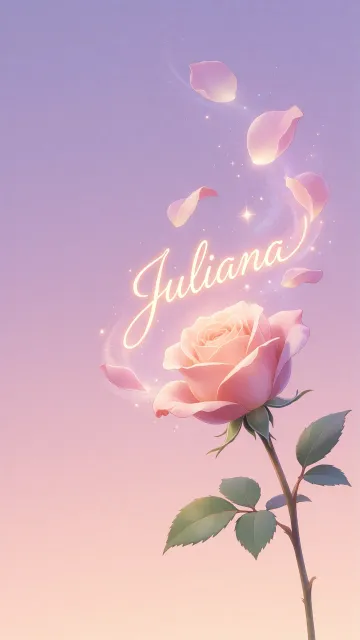 Juliana diseño 8 - Fondo de Pantalla con degradado suave que transiciona de lila en la parte superior a melocotón y rosa pastel en la base, destacando una rosa rosada hiperrealista con tallo y hojas verdes. El nombre brilla en tipografía cursiva con efecto neón cálido, adornado con pétalos cayendo y chispas de luz mágica.