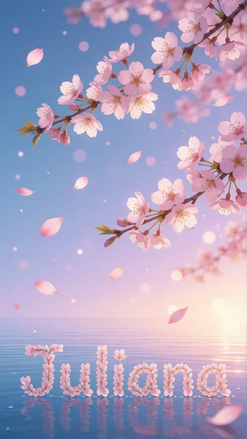 Juliana diseño 9 - Composición serena y onírica con ramas de cerezo en flor (sakura) en la parte superior contra un cielo en degradado de azul suave y lila. Pétalos de color rosa pastel flotan delicadamente en el aire cayendo hacia una superficie de agua tranquila y cristalina. En el centro inferior, el nombre está formado por pétalos de flores con un sutil efecto de relieve 3D y tipografía floral, reflejándose sobre el agua que está iluminada por un cálido destello dorado de luz solar en la esquina inferior derecha.