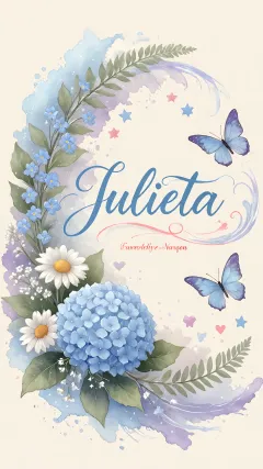 Julieta - Hortensias azules, flores pequeñas y acuarela suave con mariposas azules y brillo etéreo