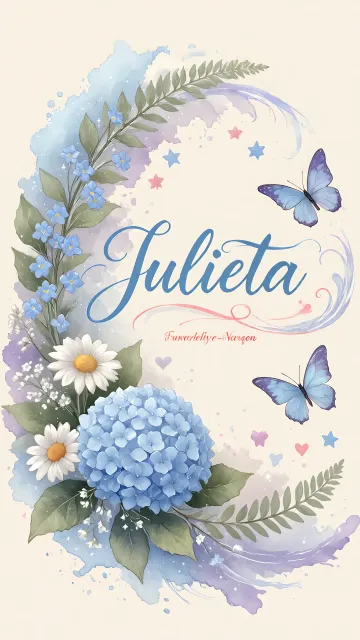 Julieta diseño 1 - Hortensias azules, flores pequeñas y acuarela suave con mariposas azules y brillo etéreo