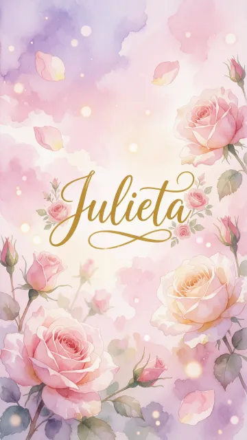 Julieta diseño 10 - Diseño estilo acuarela con un fondo etéreo y texturizado en nubes de tonos rosa pastel y lila suave. Presenta composiciones de rosas abiertas y capullos en los bordes inferior y superior, con pétalos cayendo delicadamente. Incorpora destellos de luz cálida (efecto bokeh) y, en el centro, resalta una tipografía elegante, cursiva y fluida en color dorado.