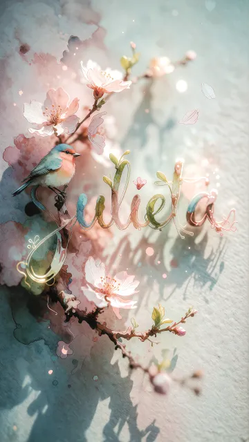 Julieta diseño 11 - Un delicado diseño de estilo acuarela digital que combina una tipografía de caligrafía personalizada para el nombre en tonos dorados y rosados suaves, adornada con pequeñas hojas y brotes. Un pajarito azul y naranja vibrante está posado en una de las letras. Todo está rodeado por un marco circular de ramas de cerezo en flor con delicadas flores rosadas y blancas. El fondo es un lavado de acuarela difuminado en tonos pastel suaves de azul cerceta, rosa rubor y melocotón sobre una textura de papel rugoso, con destellos luminosos y motas de luz bokeh flotando alrededor, creando una atmósfera mágica y soñadora. Las sombras suaves proyectadas añaden profundidad.