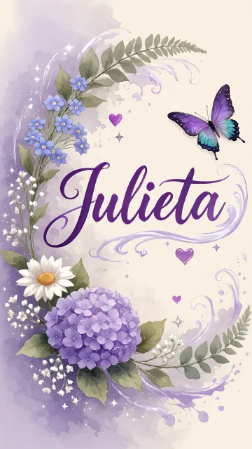 Julieta diseño 2 - Diseño elegante de hortensias en tonos lila y morados suaves, con volutas estilizadas y una mariposa mística que aporta un toque etéreo y mágico.