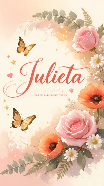 Julieta diseño 3 - Elegante composición de rosas rosadas y amapolas naranjas con mariposas doradas brillantes sobre un fondo cálido, romántico y mágico.